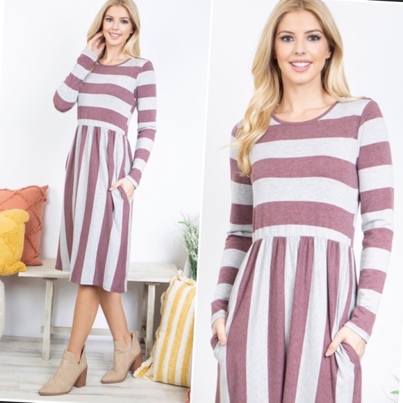 Perfect Peach Lightweight Long Sleeve Striped A Line Dress with Pockets - Picture 3 of 9